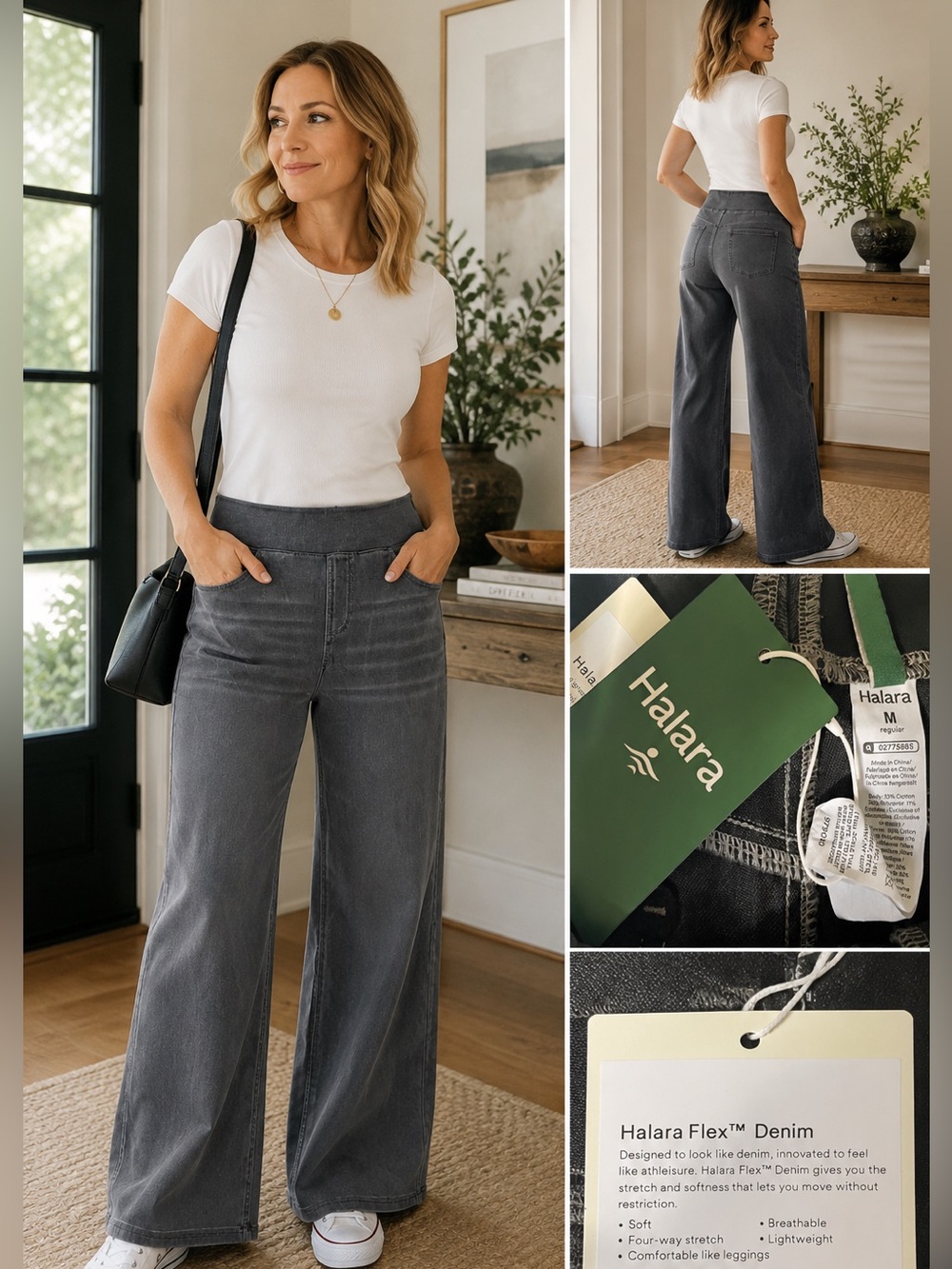 Halara Flex Denim Wide Leg Pants NWT Medium Gray Stretch Pull-On Jeans